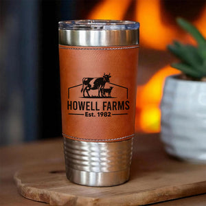 Custom Cow Farm Leather Tumbler, Personalized Cow Calf Farm Name Leather Tumbler 683837