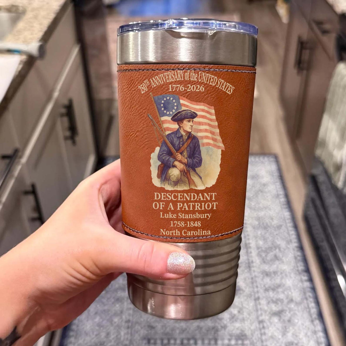 Personalized 250 Years Of America Leather Tumbler, Custom Name Descendant Of A Patriot Tumbler 684549