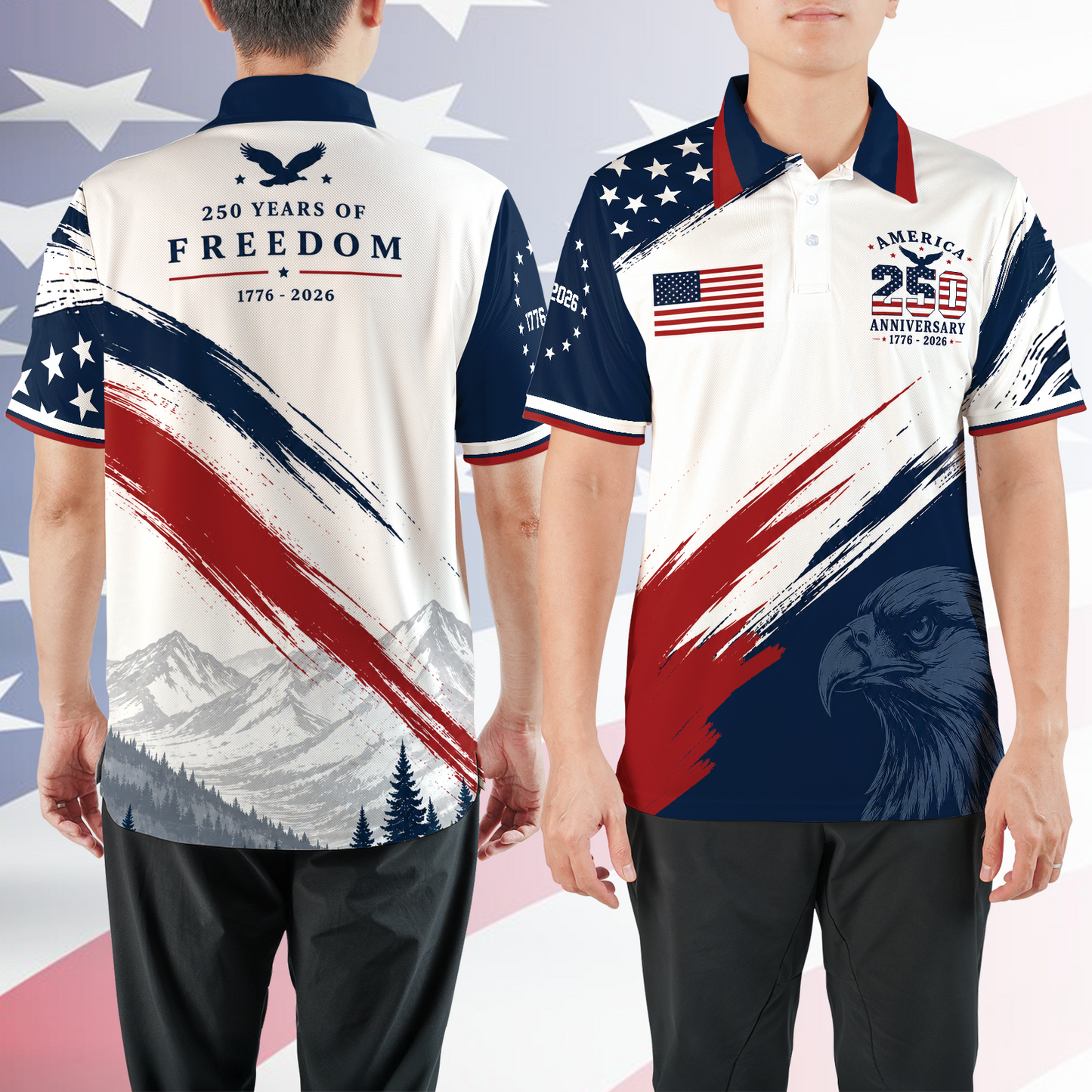 USA 250 Years Patriotic Golf Polo Shirt, 1776-2026 Freedom Eagle AOP Polo Shirt, 4th of July Gift 685399