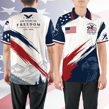 USA 250 Years Patriotic Golf Polo Shirt, 1776-2026 Freedom Eagle AOP Polo Shirt, 4th of July Gift 685399