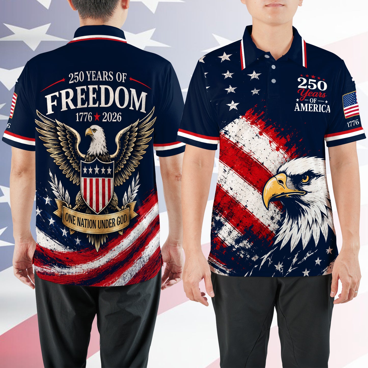 250 Years of America Golf Polo Shirt, Patriotic USA Flag Eagle Polo, 4th of July AOP Golf Shirt 685182