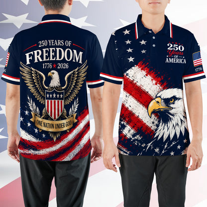 250 Years of America Golf Polo Shirt, Patriotic USA Flag Eagle Polo, 4th of July AOP Golf Shirt 685182