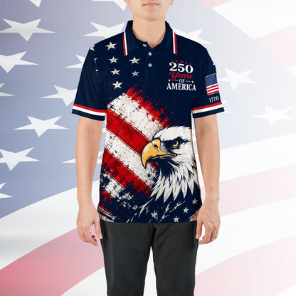 250 Years of America Golf Polo Shirt, Patriotic USA Flag Eagle Polo, 4th of July AOP Golf Shirt 685182