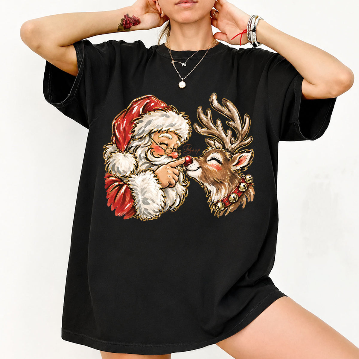 Vintage Santa Boop Reindeer Christmas Shirt, Cute Santa Touching Reindeer Nose T-Shirt, Retro Christmas Sweatshirt, Holiday Family Gift 686744