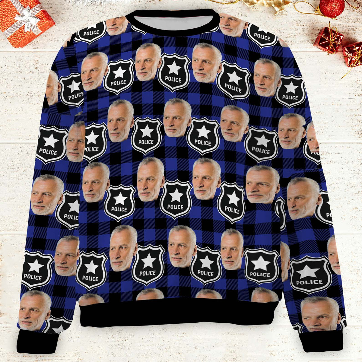 Custom Face Christmas Sweatshirt, Personalized Photo Police Theme Sweater, Christmas All-Over-Printed Sweatshirt 682646