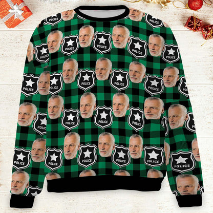 Custom Face Christmas Sweatshirt, Personalized Photo Police Theme Sweater, Christmas All-Over-Printed Sweatshirt 682646