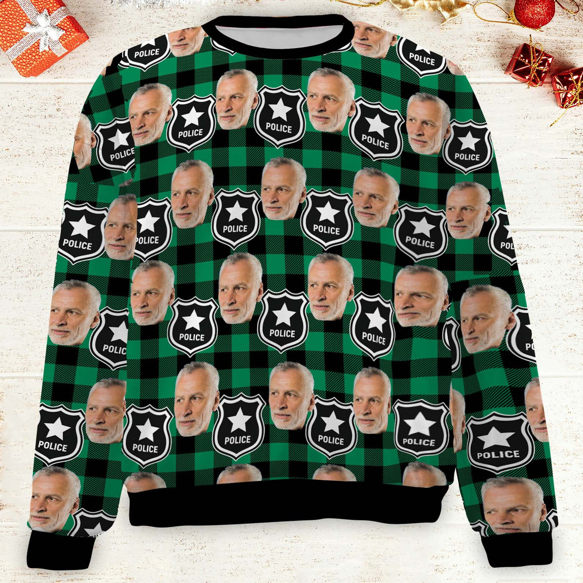 Custom Face Christmas Sweatshirt, Personalized Photo Police Theme Sweater, Christmas All-Over-Printed Sweatshirt 682646