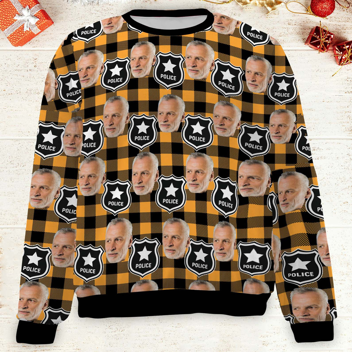 Custom Face Christmas Sweatshirt, Personalized Photo Police Theme Sweater, Christmas All-Over-Printed Sweatshirt 682646