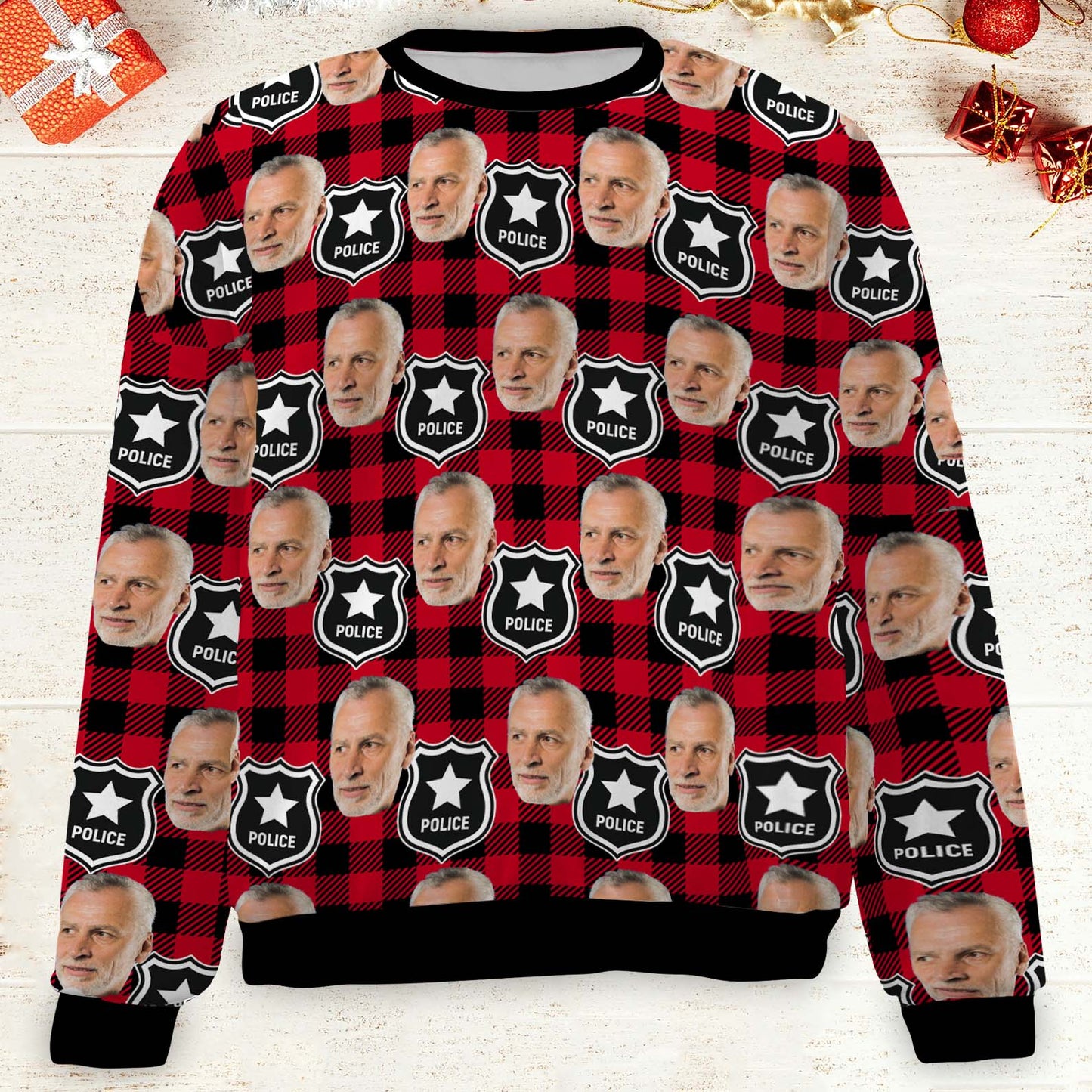 Custom Face Christmas Sweatshirt, Personalized Photo Police Theme Sweater, Christmas All-Over-Printed Sweatshirt 682646