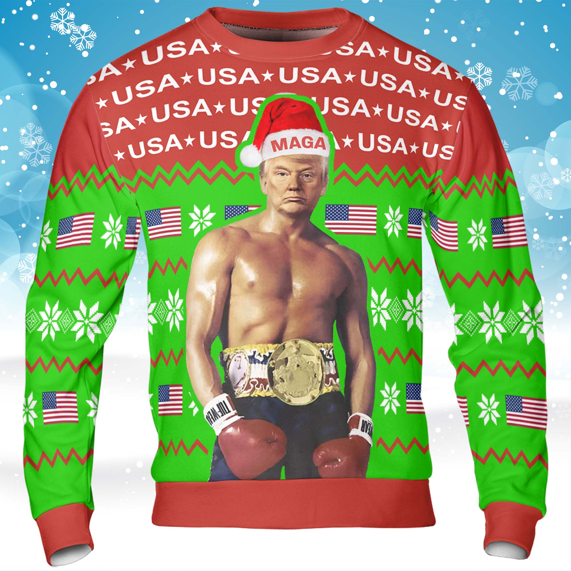 Trump American Boxing Champion Boxer Sweater, Trump 2024 Christmas All-Over-Printed Sweatshirt C1378 - GOP