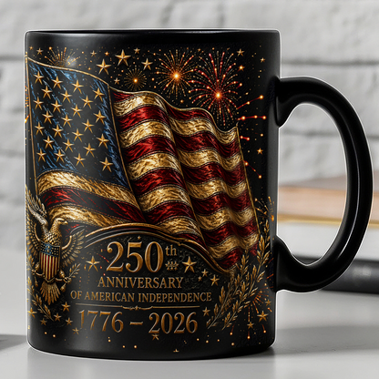 250 Years Anniversary Coffee Mug, Patriotic American Independence 1776-2026 4th Of July Black Mug 685322