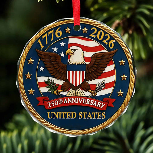 United States 250 Years Anniversary Glass Ornament | America 250 Anniversary | Happy 250th Birthday USA | Patriotic 4th of July Glass Ornament for Christmas Decor 682737