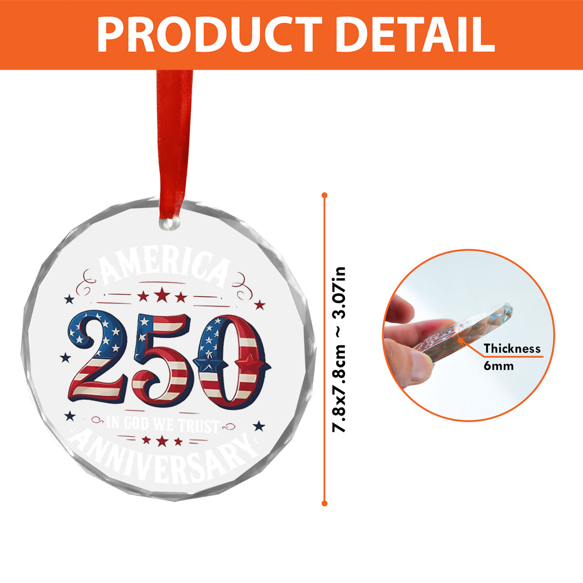 America 250 Years Anniversary Glass Ornament | Happy 250th Birthday USA Ornament | Patriotic 4th of July Glass Ornament for Christmas Decor 682671