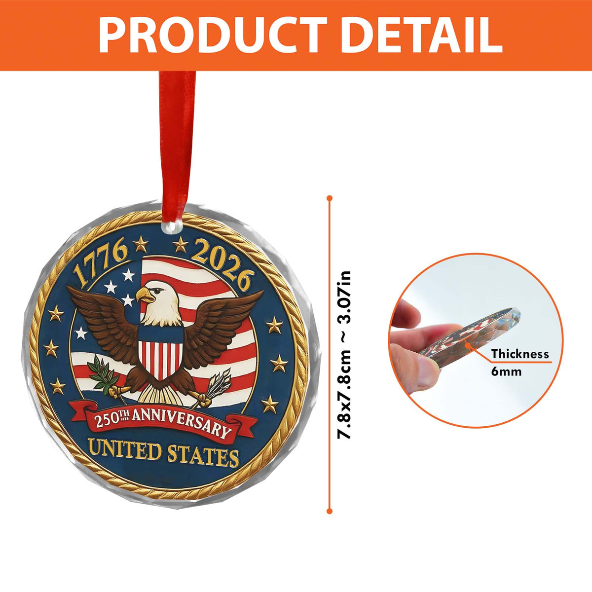 United States 250 Years Anniversary Glass Ornament | America 250 Anniversary | Happy 250th Birthday USA | Patriotic 4th of July Glass Ornament for Christmas Decor 682737