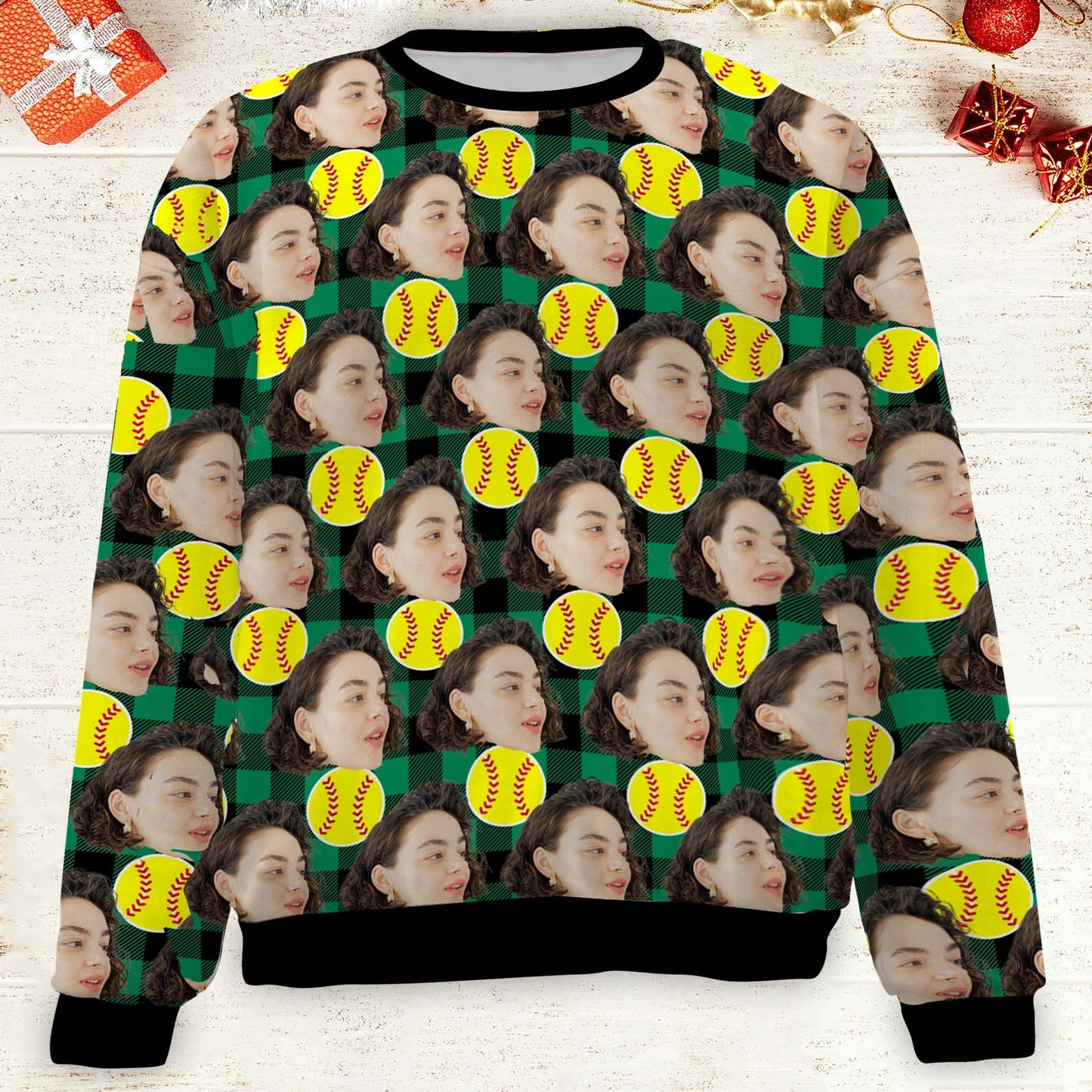 Custom Face Christmas Sweatshirt, Personalized Photo Softball Sweater, Christmas All-Over-Printed Sweatshirt 682643