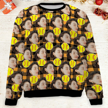 Custom Face Christmas Sweatshirt, Personalized Photo Softball Sweater, Christmas All-Over-Printed Sweatshirt 682643