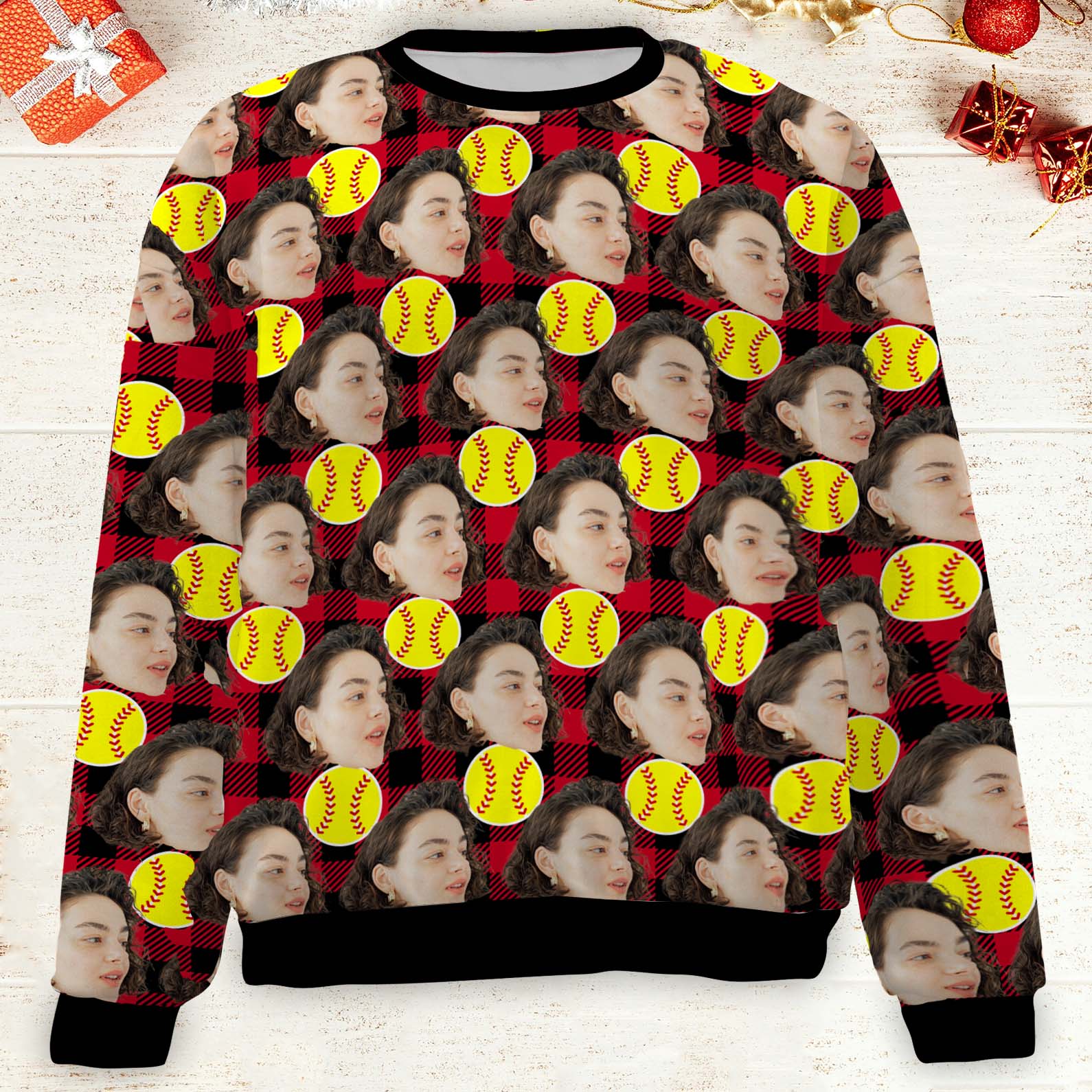 Custom Face Christmas Sweatshirt, Personalized Photo Softball Sweater, Christmas All-Over-Printed Sweatshirt 682643