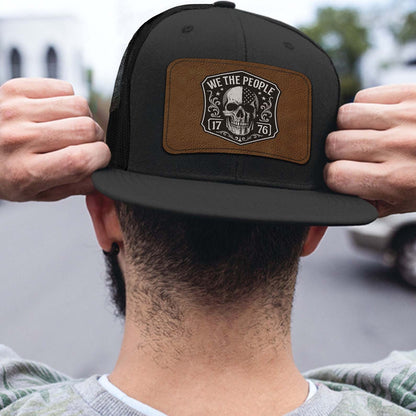 Patriotic 250 Years We the People Trucker Leather Patch Hat, USA Flag Skull America 1776 Cap 683821