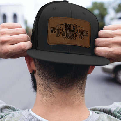 250 Years We the People Patriotic Leather Patch Trucker Hat, America 1776 USA Flag Skull Cap 683822