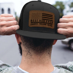 Custom Name Best Dad Ever Trucker Leather Patch Hat, Best Papa Cap with American Flag, Gift for Husband, Grandpa, Him 683843