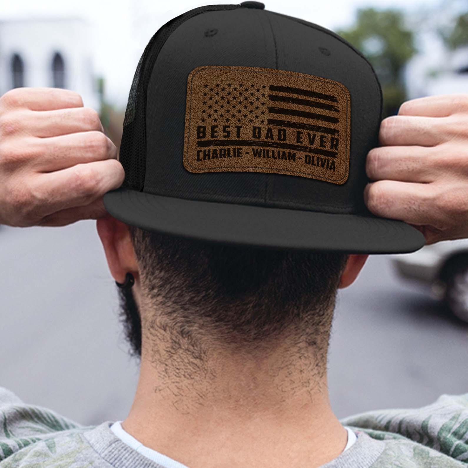 Custom Name Best Dad Ever Trucker Leather Patch Hat, Best Papa Cap with American Flag, Gift for Husband, Grandpa, Him 683843
