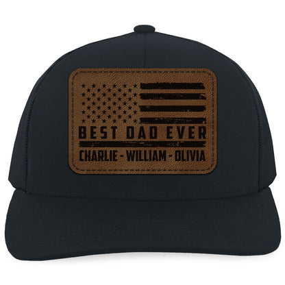 Custom Name Best Dad Ever Trucker Leather Patch Hat, Best Papa Cap with American Flag, Gift for Husband, Grandpa, Him 683843