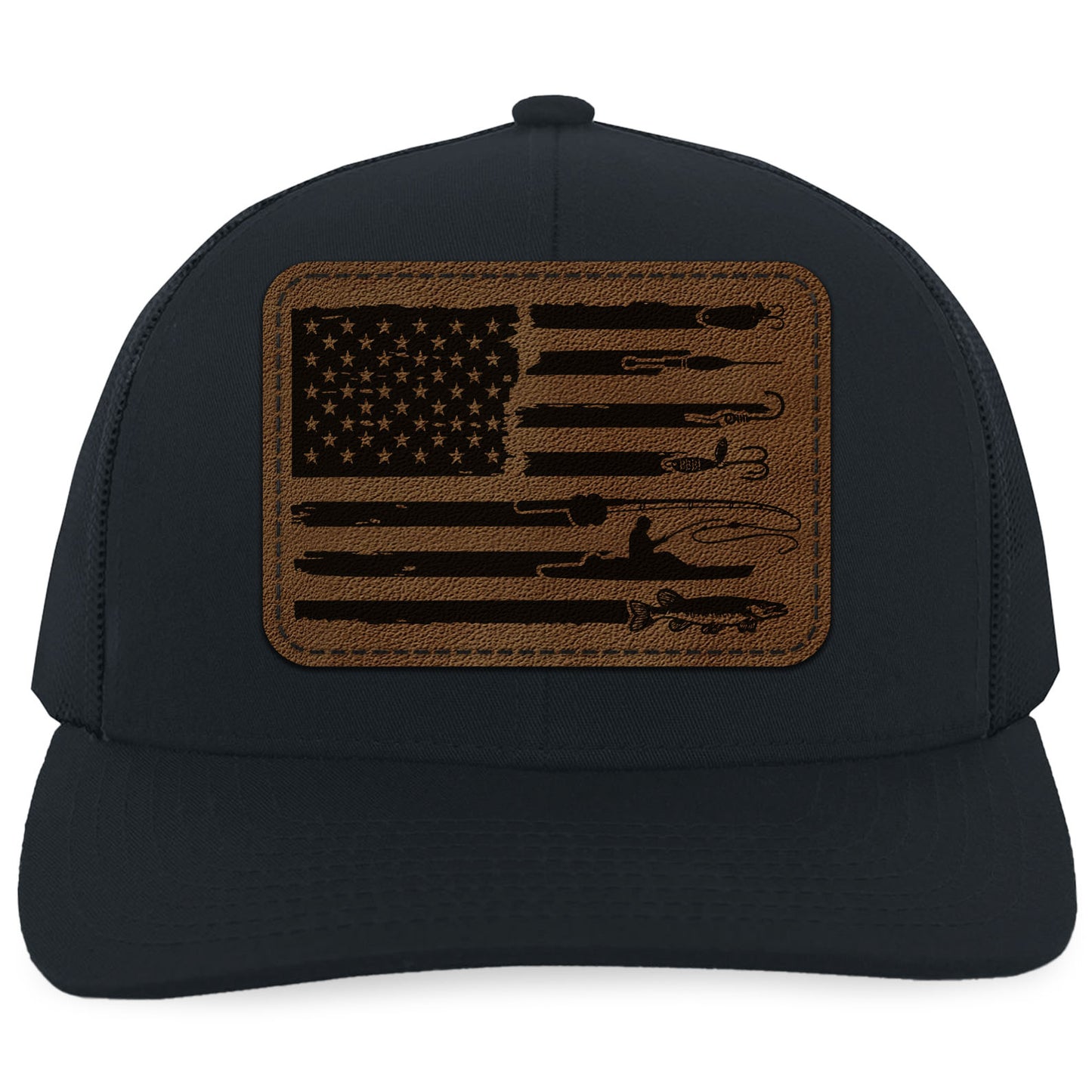 American Flag Fishing Trucker Leather Patch Hat, Funny Fisherman Cap, Father’s Day Gift, Birthday Gift for Him, Husband 683833