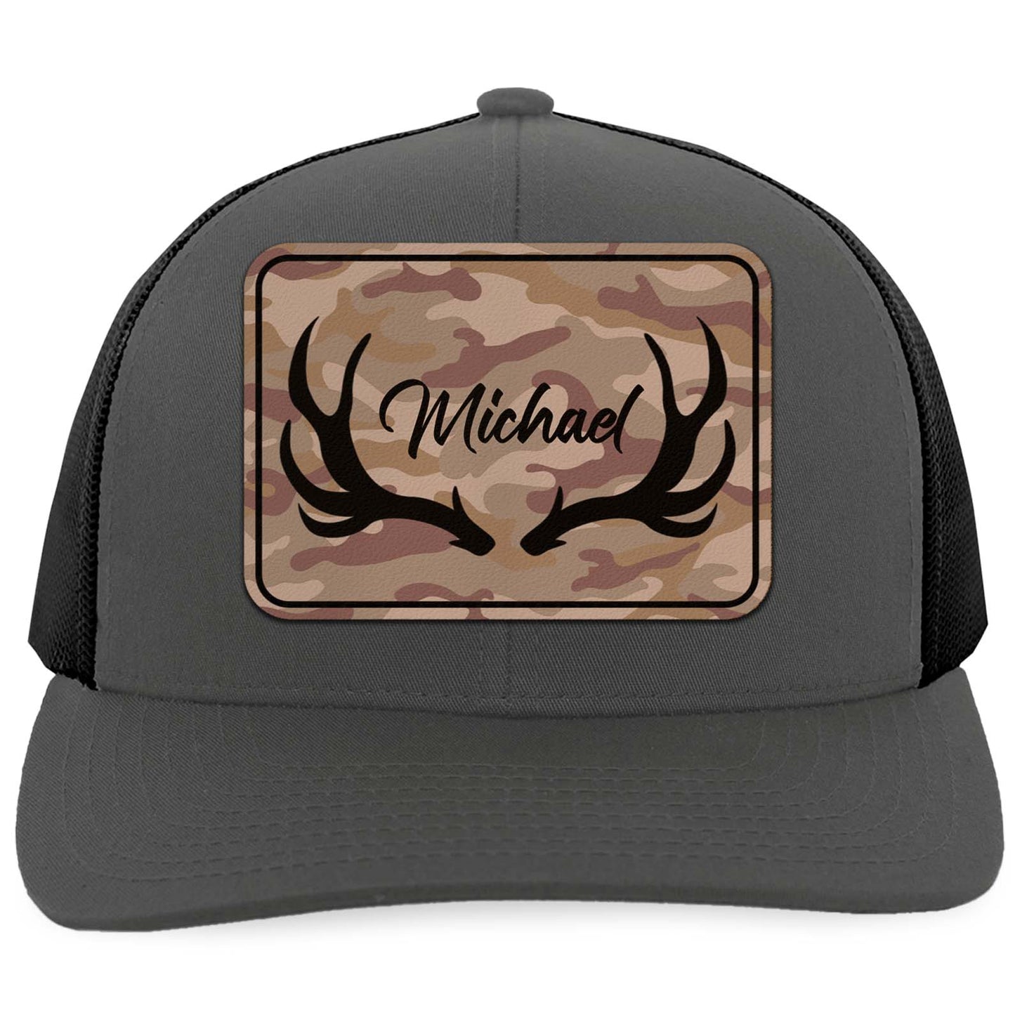 Custom Name Hunting Antlers Trucker Leather Patch Hat, Deer Hunting Cap, Gift For Him 683800