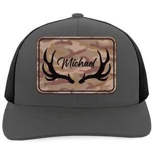 Custom Name Hunting Antlers Trucker Leather Patch Hat, Deer Hunting Cap, Gift For Him 683800