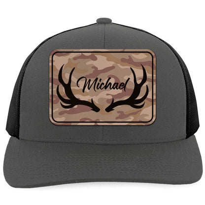 Custom Name Hunting Antlers Trucker Leather Patch Hat, Deer Hunting Cap, Gift For Him 683800