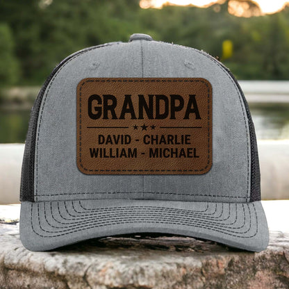 Personalized Papa Trucker Leather Patch Hat, Dad Leather Patch Hat, Custom Name Cap, Gift for Grandpa 683840