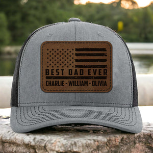 Custom Name Best Dad Ever Trucker Leather Patch Hat, Best Papa Cap with American Flag, Gift for Husband, Grandpa, Him 683843