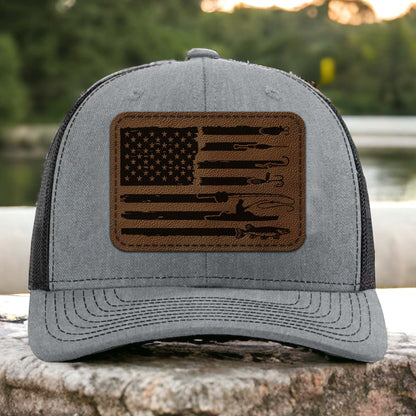 American Flag Fishing Trucker Leather Patch Hat, Funny Fisherman Cap, Father’s Day Gift, Birthday Gift for Him, Husband 683833