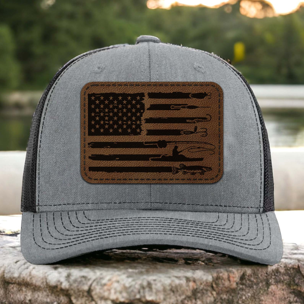 American Flag Fishing Trucker Leather Patch Hat, Funny Fisherman Cap, Father’s Day Gift, Birthday Gift for Him, Husband 683833