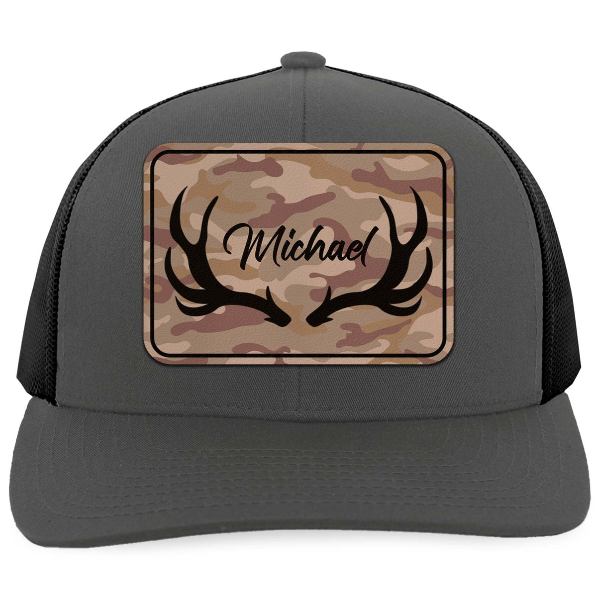 Custom Name Hunting Antlers Trucker Leather Patch Hat, Deer Hunting Cap, Gift For Him 683800
