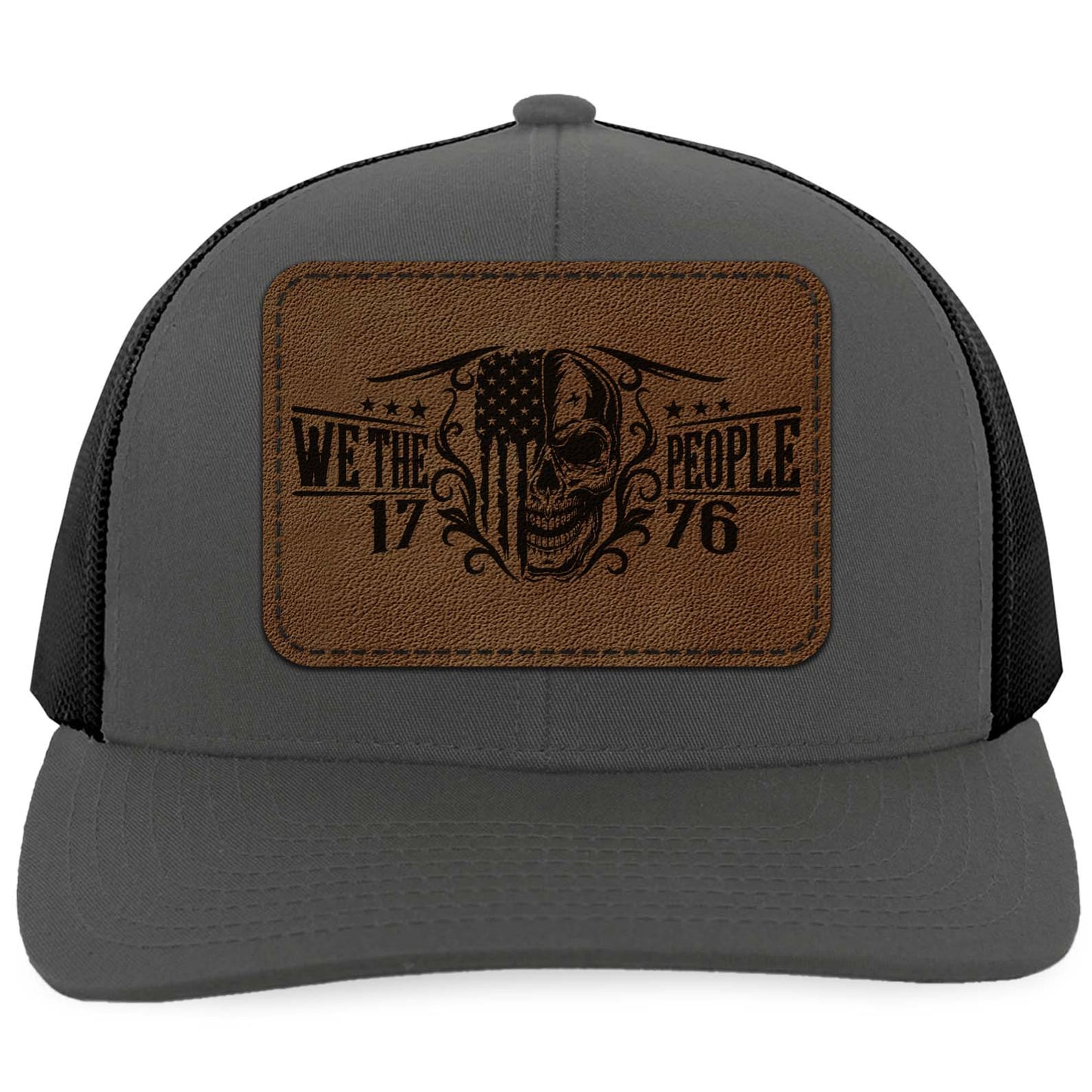 250 Years We the People Patriotic Leather Patch Trucker Hat, America 1776 USA Flag Skull Cap 683822
