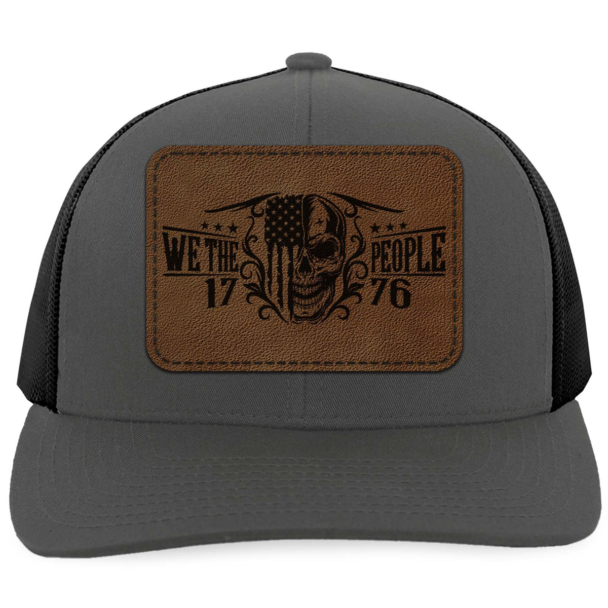 250 Years We the People Patriotic Leather Patch Trucker Hat, America 1776 USA Flag Skull Cap 683822