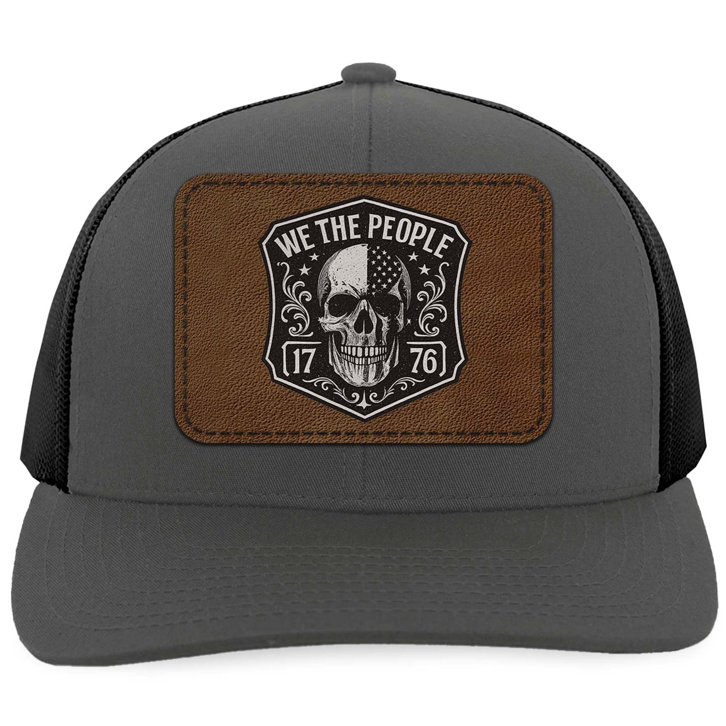 Patriotic 250 Years We the People Trucker Leather Patch Hat, USA Flag Skull America 1776 Cap 683821