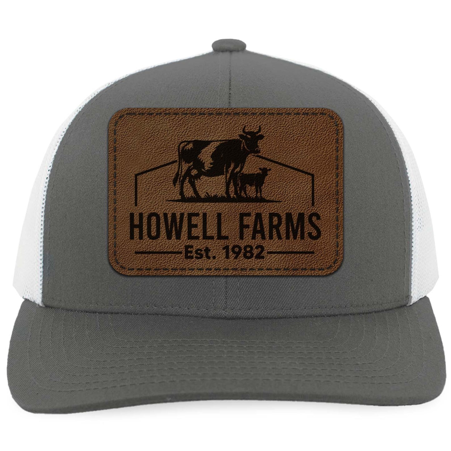 Custom Cow Farm Trucker Leather Patch Hat, Personalized Cow Calf Farm Name Laser-Engraved Cap 683837