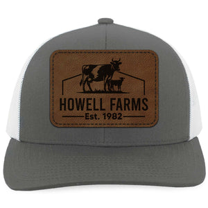 Custom Cow Farm Trucker Leather Patch Hat, Personalized Cow Calf Farm Name Laser-Engraved Cap 683837