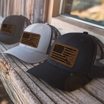 American Flag Fishing Trucker Leather Patch Hat, Funny Fisherman Cap, Father’s Day Gift, Birthday Gift for Him, Husband 683833