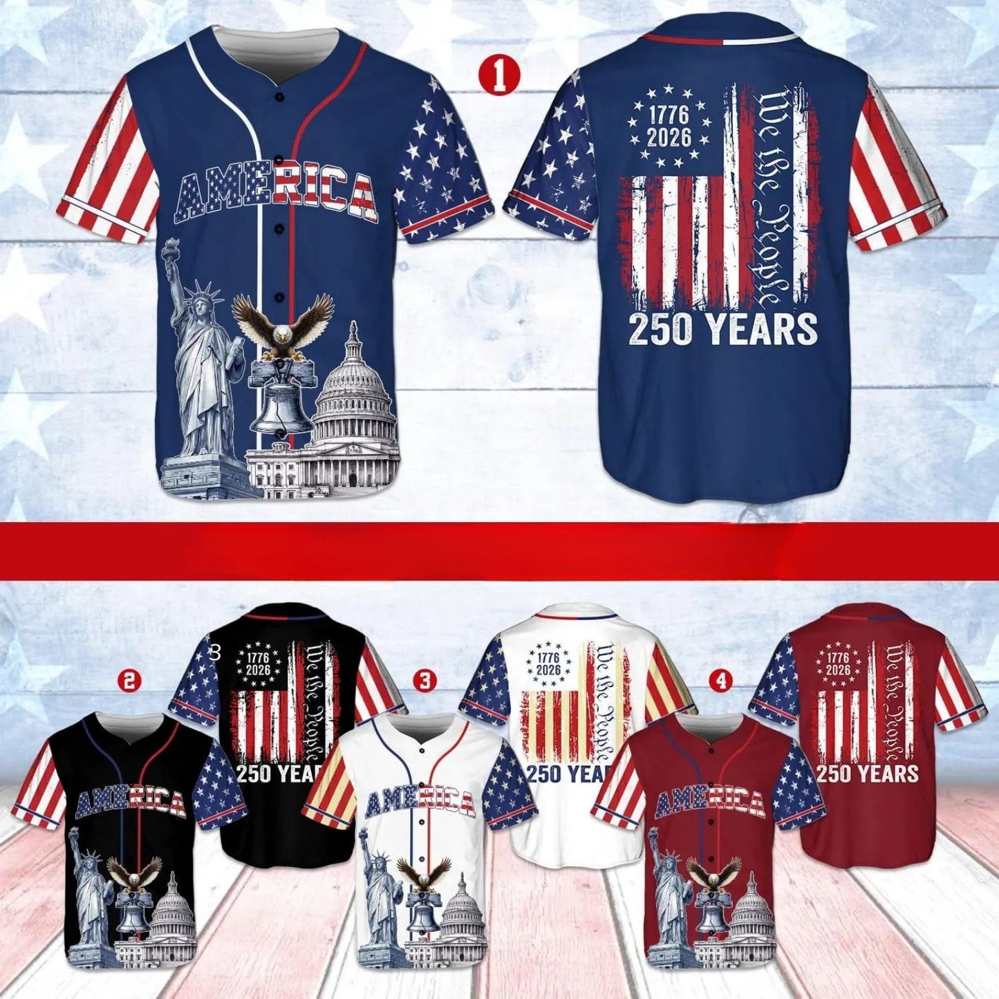 Patriotic 250 Years Baseball Jersey, USA Flag We The People Shirt, 1776-2026 Independence Day Apparel 685211
