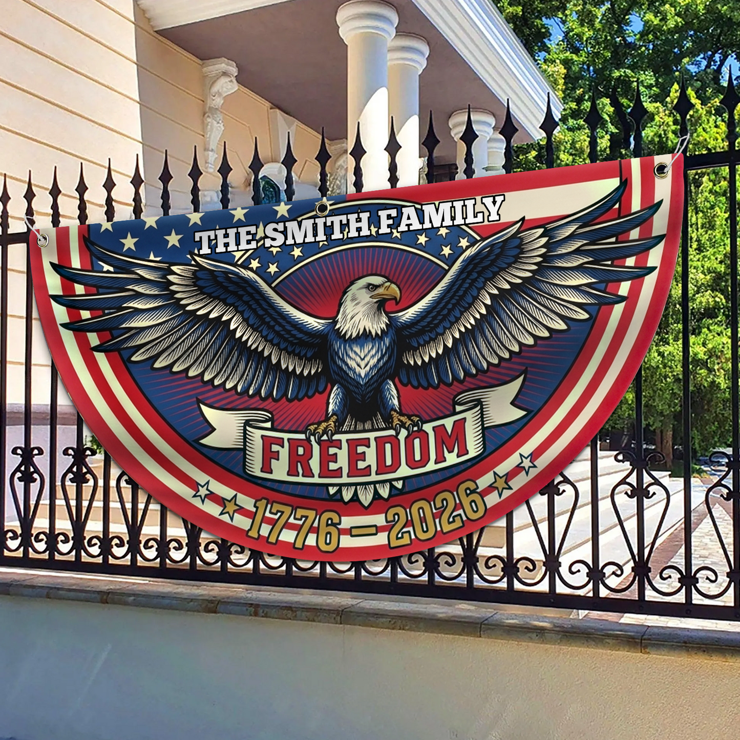 Personalized Bald Eagle 250 Years Freedom Semicircle Fence Flag, Patriotic USA 1776–2026 Anniversary Flag 684974