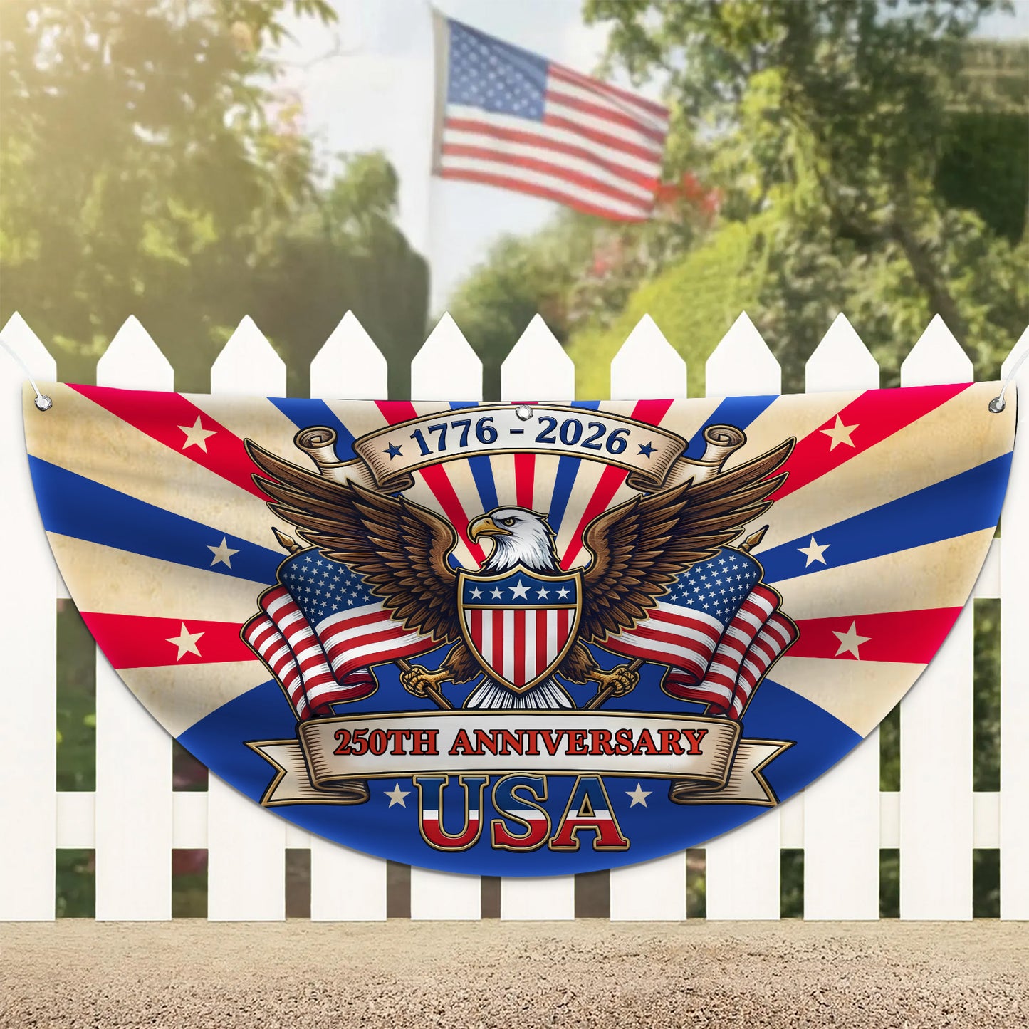 Custom Name 250 Years Anniversary USA 1776–2026 Semicircle Flag | Patriotic Eagle US House Flag Decor 684537