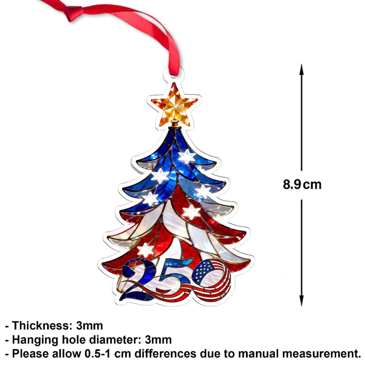 250th Anniversary USA Ornament | Faux Stained Glass Patriotic Christmas Acrylic Ornament | 1776–2026 Liberty Decoration 683515