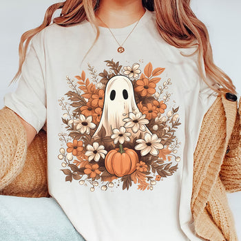Fall Floral Ghost Halloween Shirt, Autumn Pumpkins Trendy Halloween Shirt 776V3