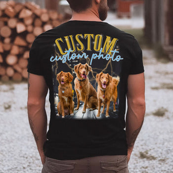 Custom Your Pets Tee, Retro Vintage Portrait Bootleg Backside Shirt, Personalized with Your Own Dog or Cat Photo C775B