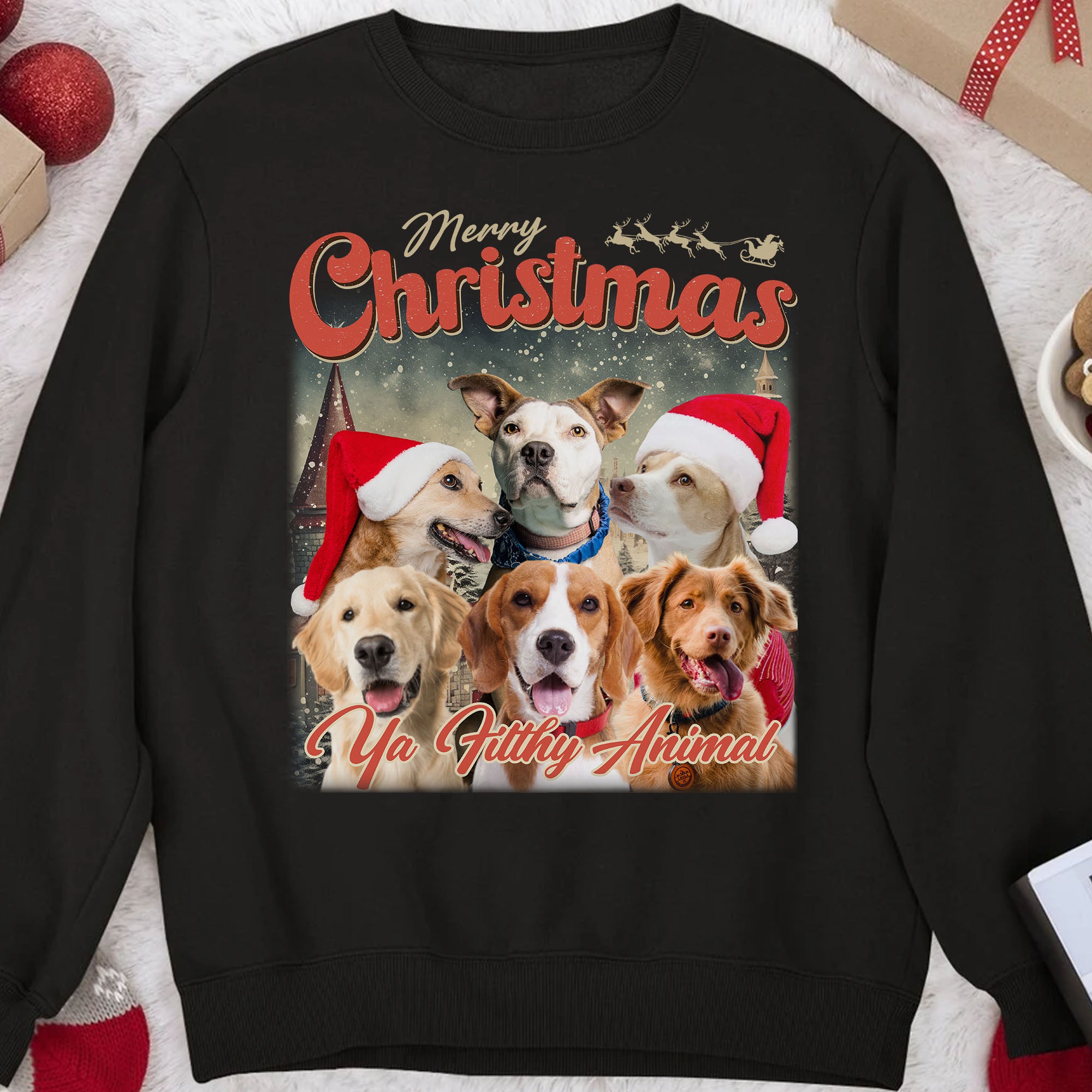 Live Preview Custom Your Pets Christmas Sweatshirt, Retro Vintage Portrait Bootleg Sweater, Personalized with Your Own Dog or Cat Photo C849