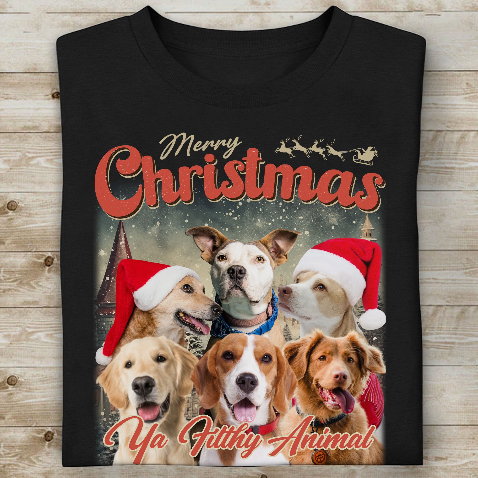 Live Preview Custom Your Pets Christmas Tee, Retro Vintage Portrait Bootleg shirt, Personalized with Your Own Dog or Cat Photo C849