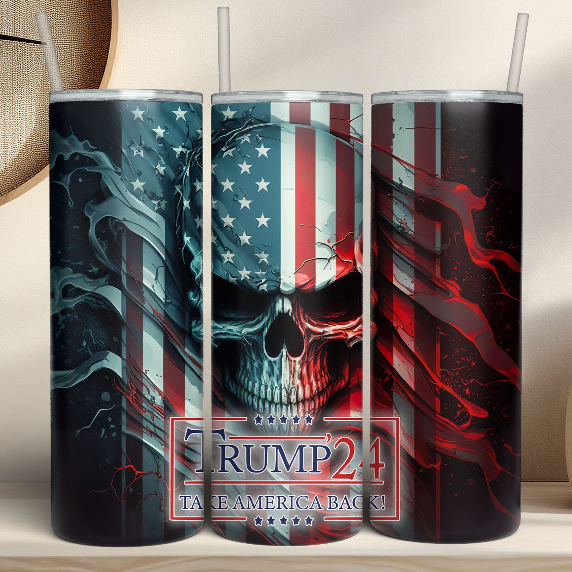 Trump Skull MAGA American Flag Tumbler | Donald Trump Homage Tumbler | Donald Trump Fan Skinny Tumbler C1004 - GOP